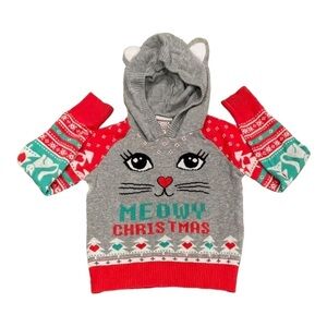 WELL WORN Girls XS (4-5) Grey Meowy Christmas Cat Heart Holiday Hooded Sweater